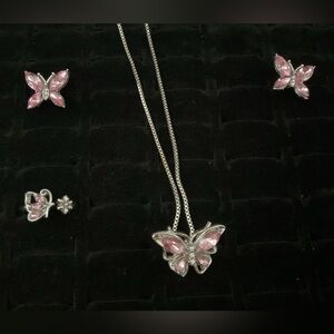 Silver Tone Butterfly Faux Pink Sapphire Necklace Pendant Earrings Ring Jewelry